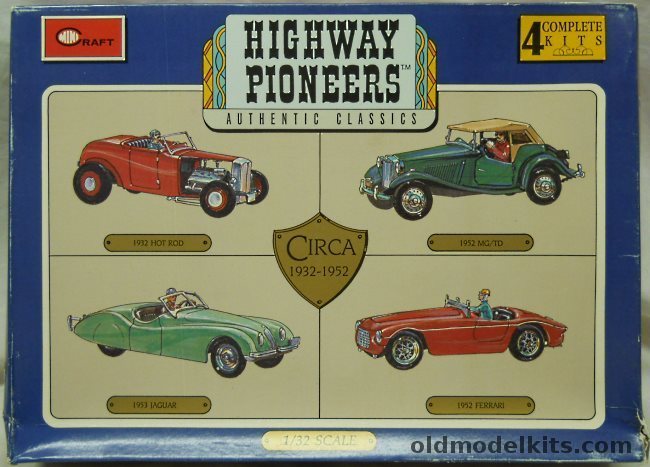 Minicraft 1/32 Highway Pioneers (Ex-Gowland/Revell) 1932 Hot Rod / 1952 MG TD / 1953 Jaguar / 1952 Ferrari, 1505 plastic model kit